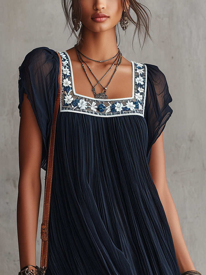 Apolline | Mini Pleated Dress in Embroidered Navy Blue Chiffon