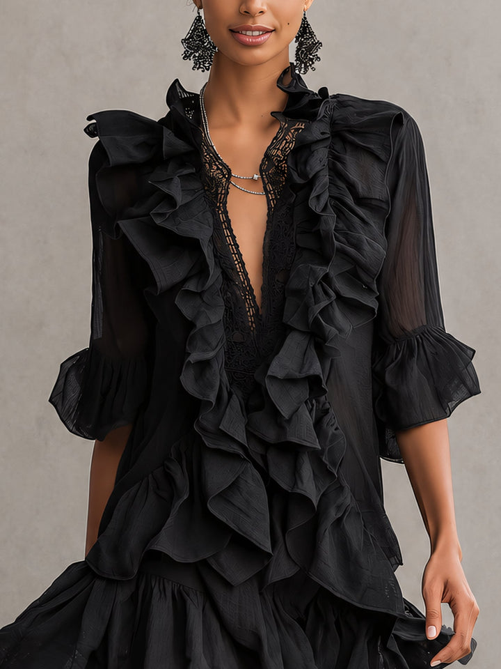 Anaïs | Black Mini Chiffon Dress with Ruffles