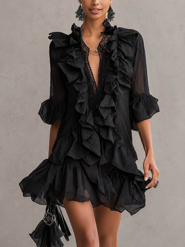 Anaïs | Black Mini Chiffon Dress with Ruffles