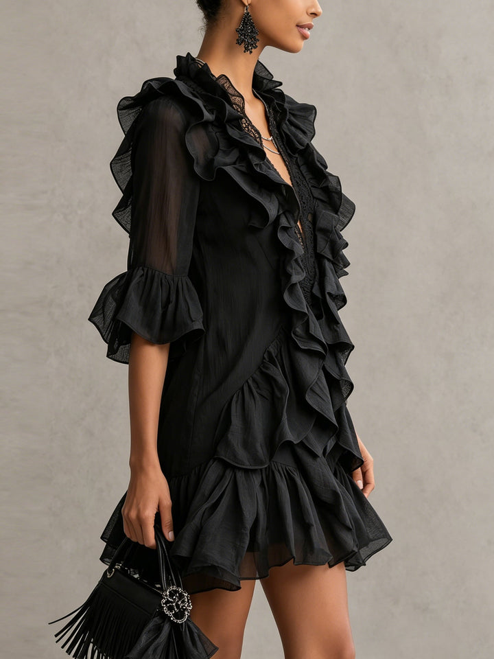 Anaïs | Black Mini Chiffon Dress with Ruffles
