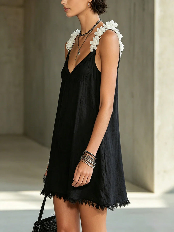 Noémie | Black Mini Dress with V-Neck and Floral Straps