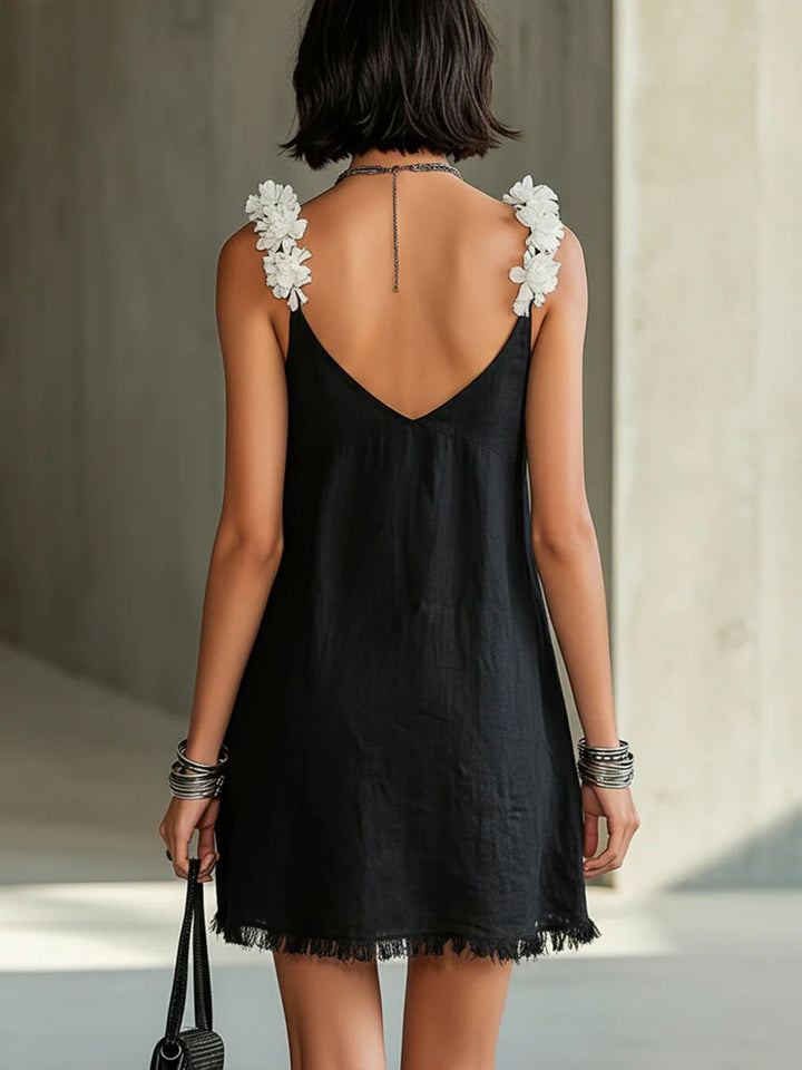 Noémie | Black Mini Dress with V-Neck and Floral Straps