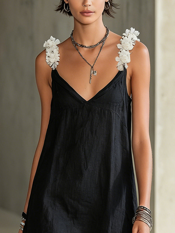 Noémie | Black Mini Dress with V-Neck and Floral Straps