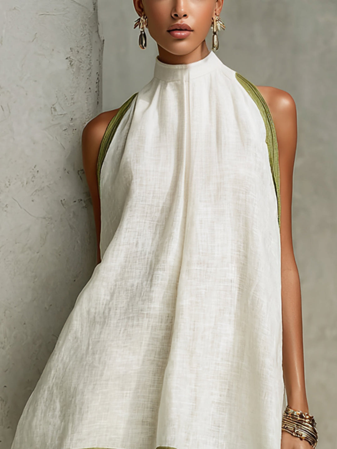 Agathe | White and Olive Green Floral Sleeveless Mini A-Line Dress