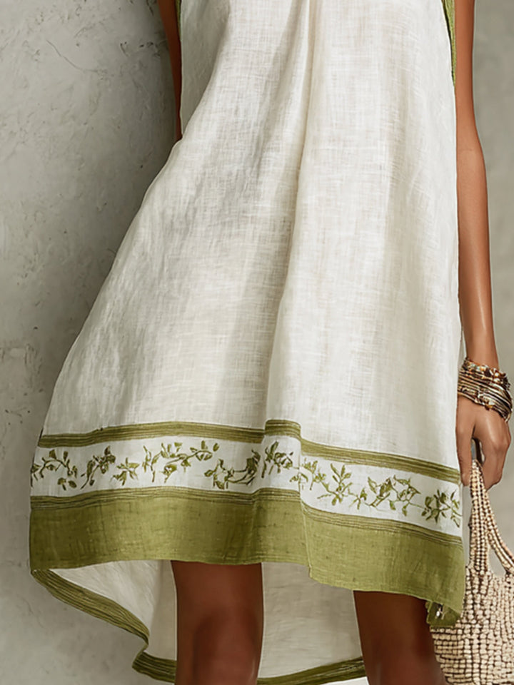 Agathe | White and Olive Green Floral Sleeveless Mini A-Line Dress