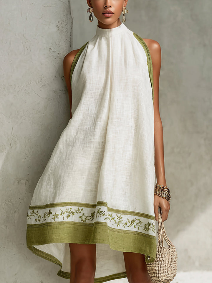 Agathe | White and Olive Green Floral Sleeveless Mini A-Line Dress