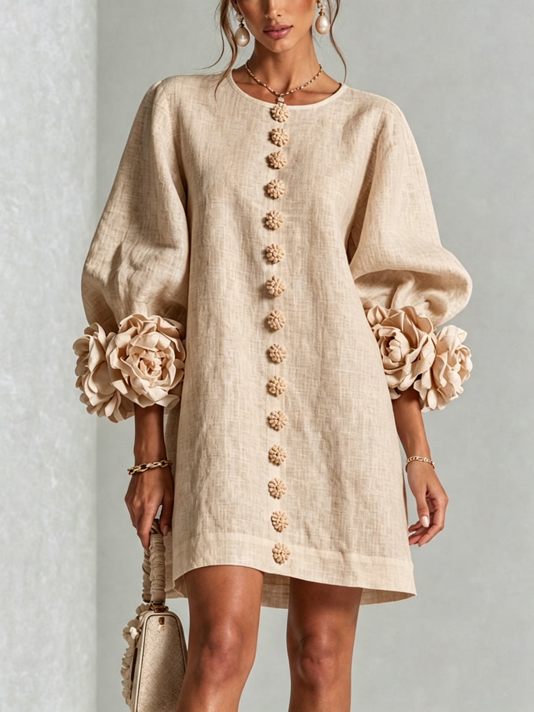 Floral Button-down Mini Dress With Striking Floral Cuffs
