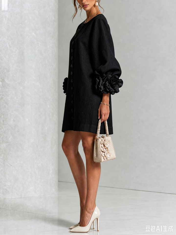 Floral Button-down Mini Dress With Striking Floral Cuffs