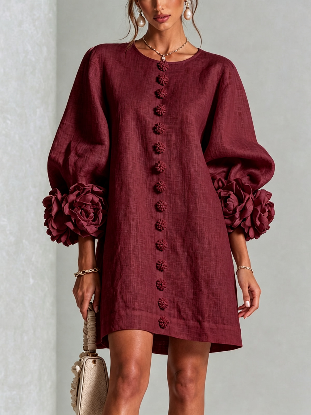 Floral Button-down Mini Dress With Striking Floral Cuffs
