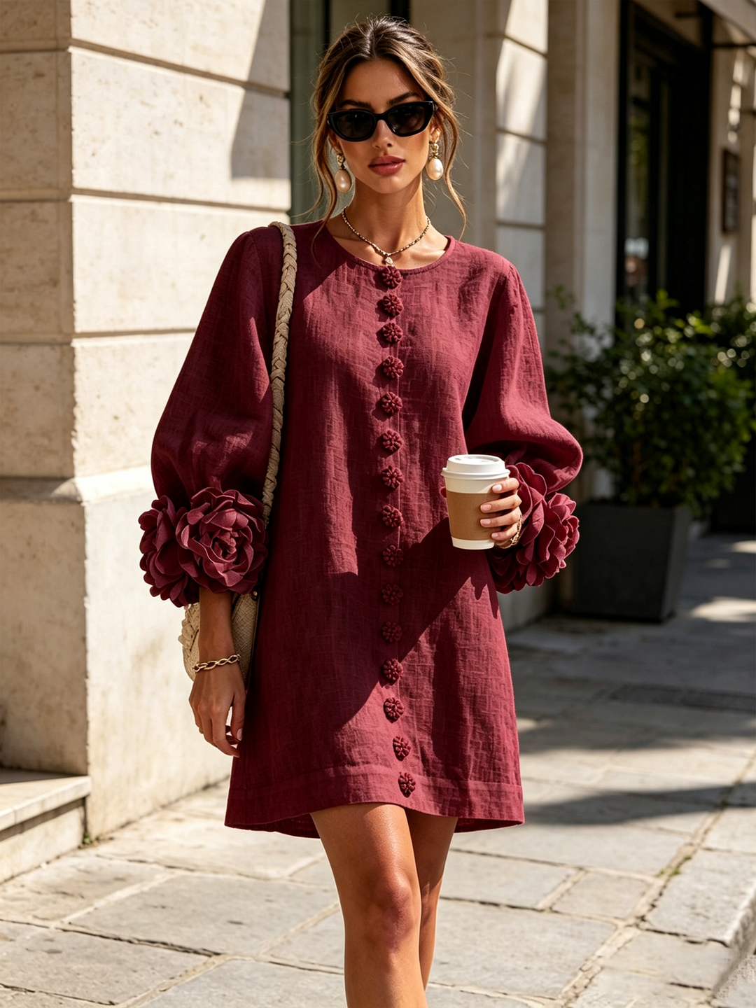 Floral Button-down Mini Dress With Striking Floral Cuffs