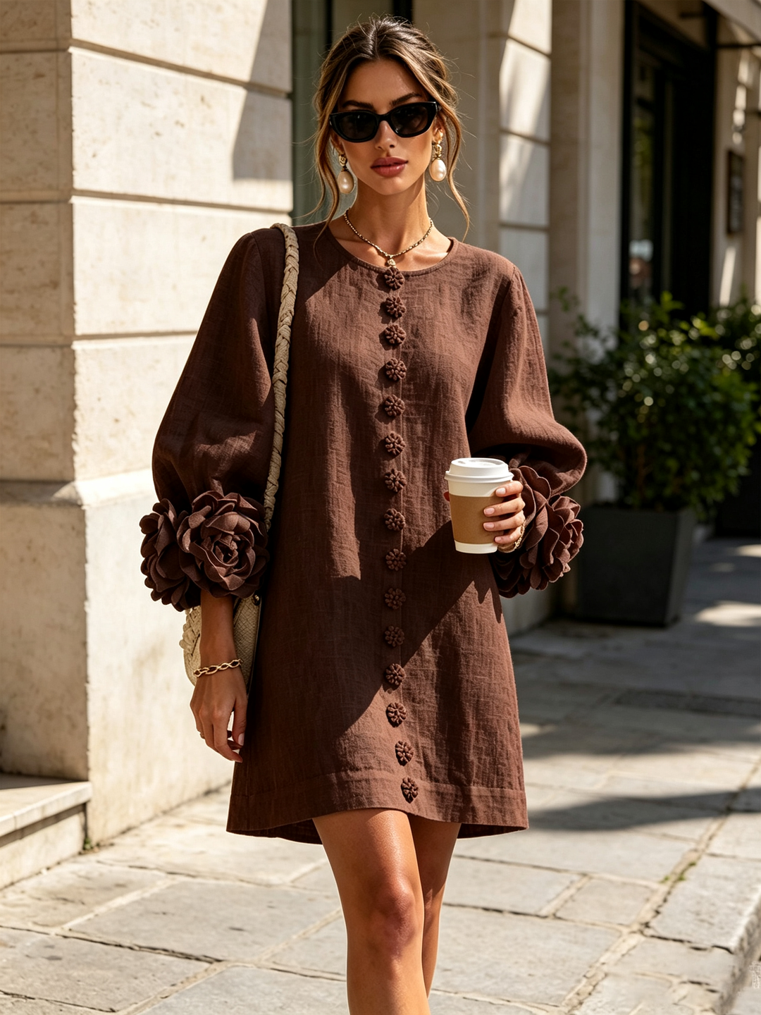 Floral Button-down Mini Dress With Striking Floral Cuffs