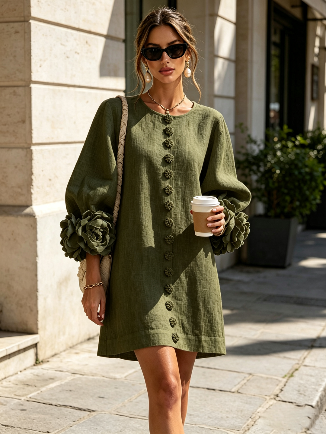 Floral Button-down Mini Dress With Striking Floral Cuffs