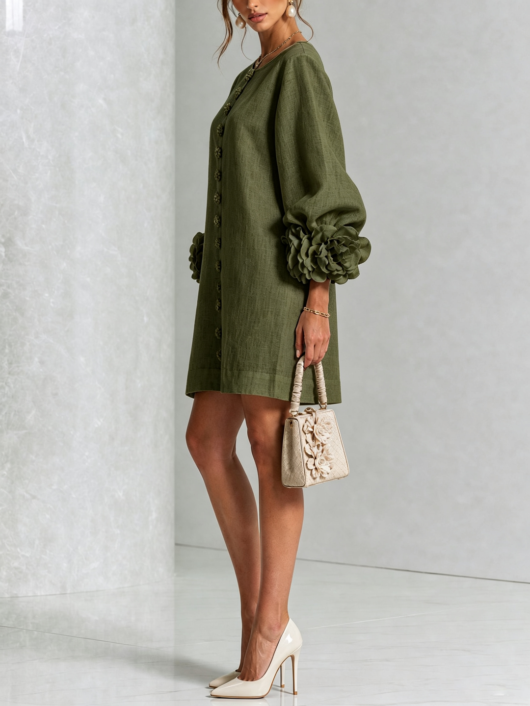 Floral Button-down Mini Dress With Striking Floral Cuffs