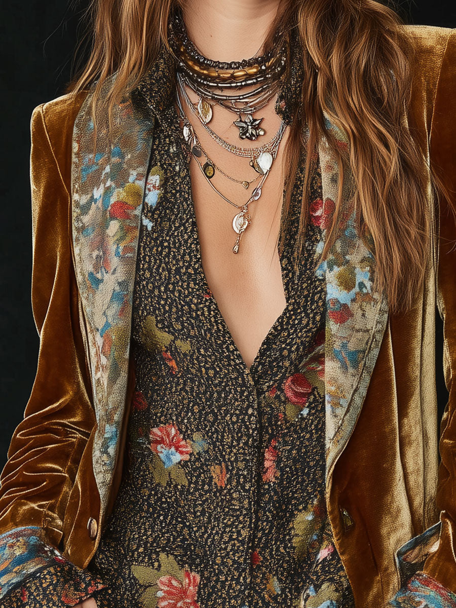 Women’s Vintage Floral Print Patchwork Blazer