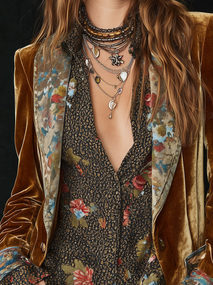 Women’s Vintage Floral Print Patchwork Blazer