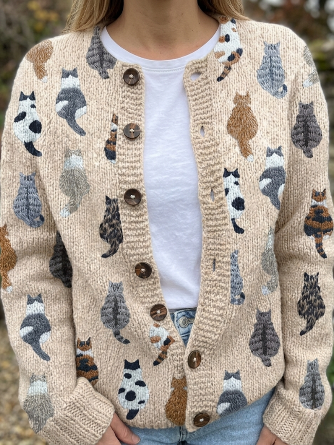 Penelope™ | Cat Print Button-Front Cardigan