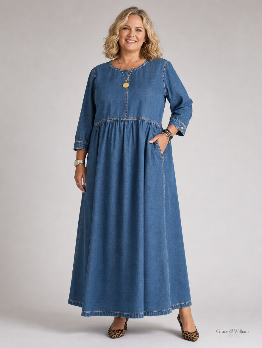 Curve Friendly Fit - denim-look maxi dress studio shot
