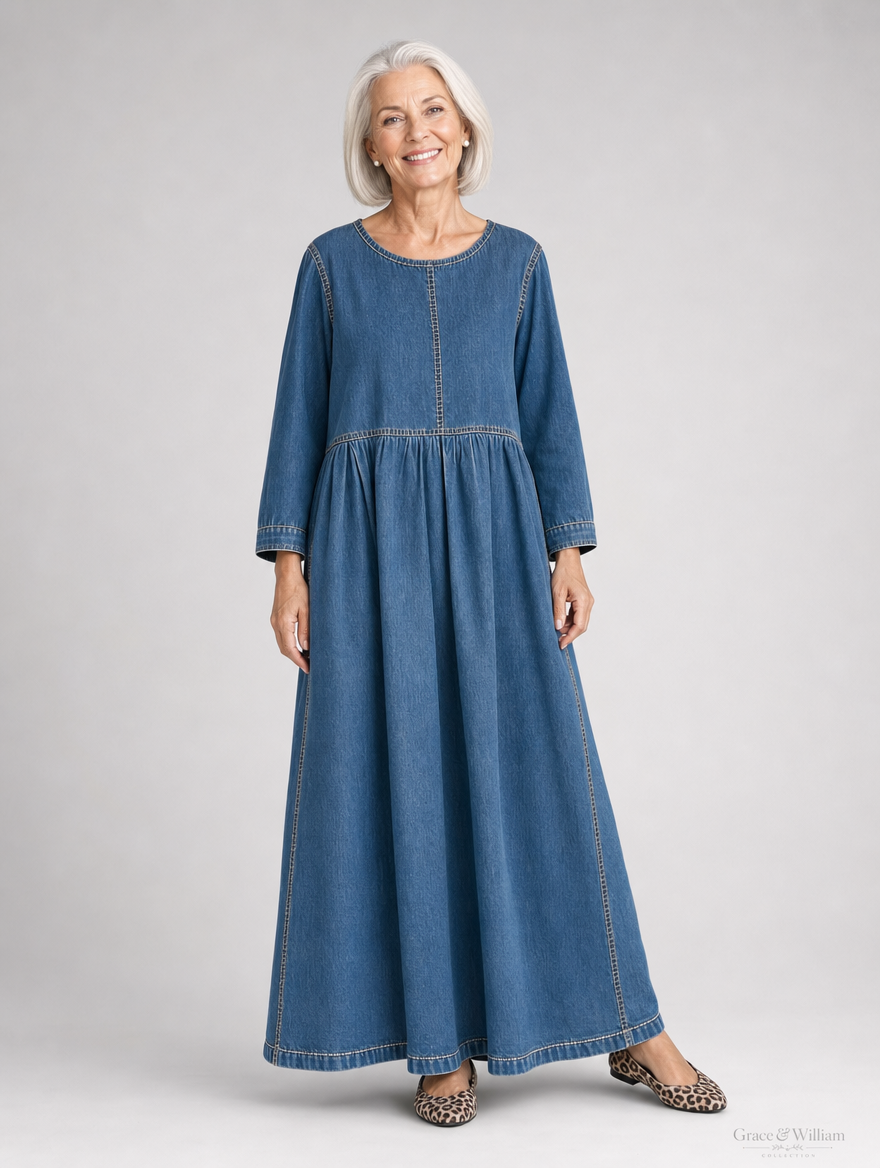 Age-Appropriate Elegance - denim-look maxi dress studio shot