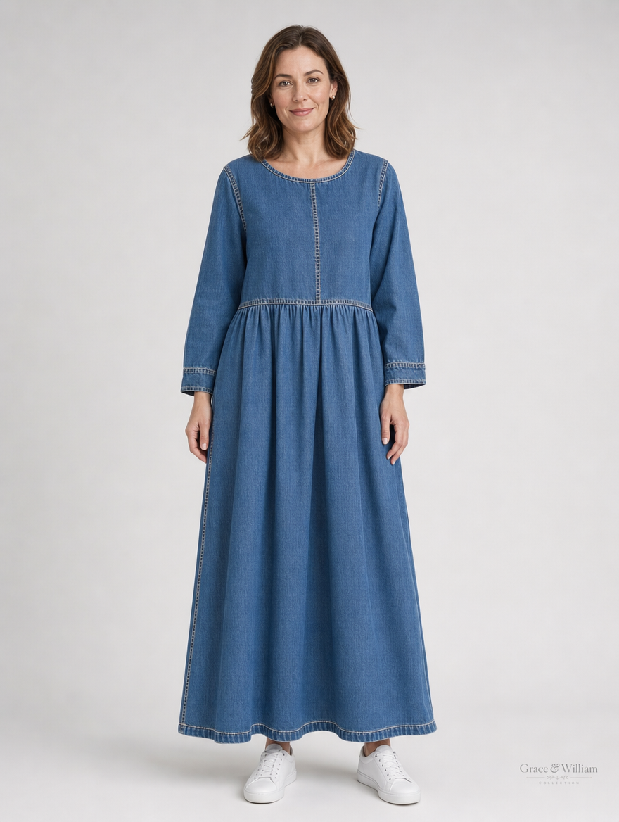 Practical Everyday Dress - denim-look maxi dress studio shot