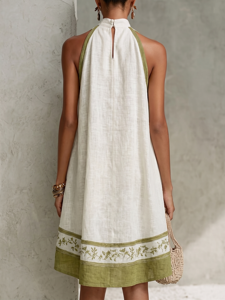 Agathe | White and Olive Green Floral Sleeveless Mini A-Line Dress