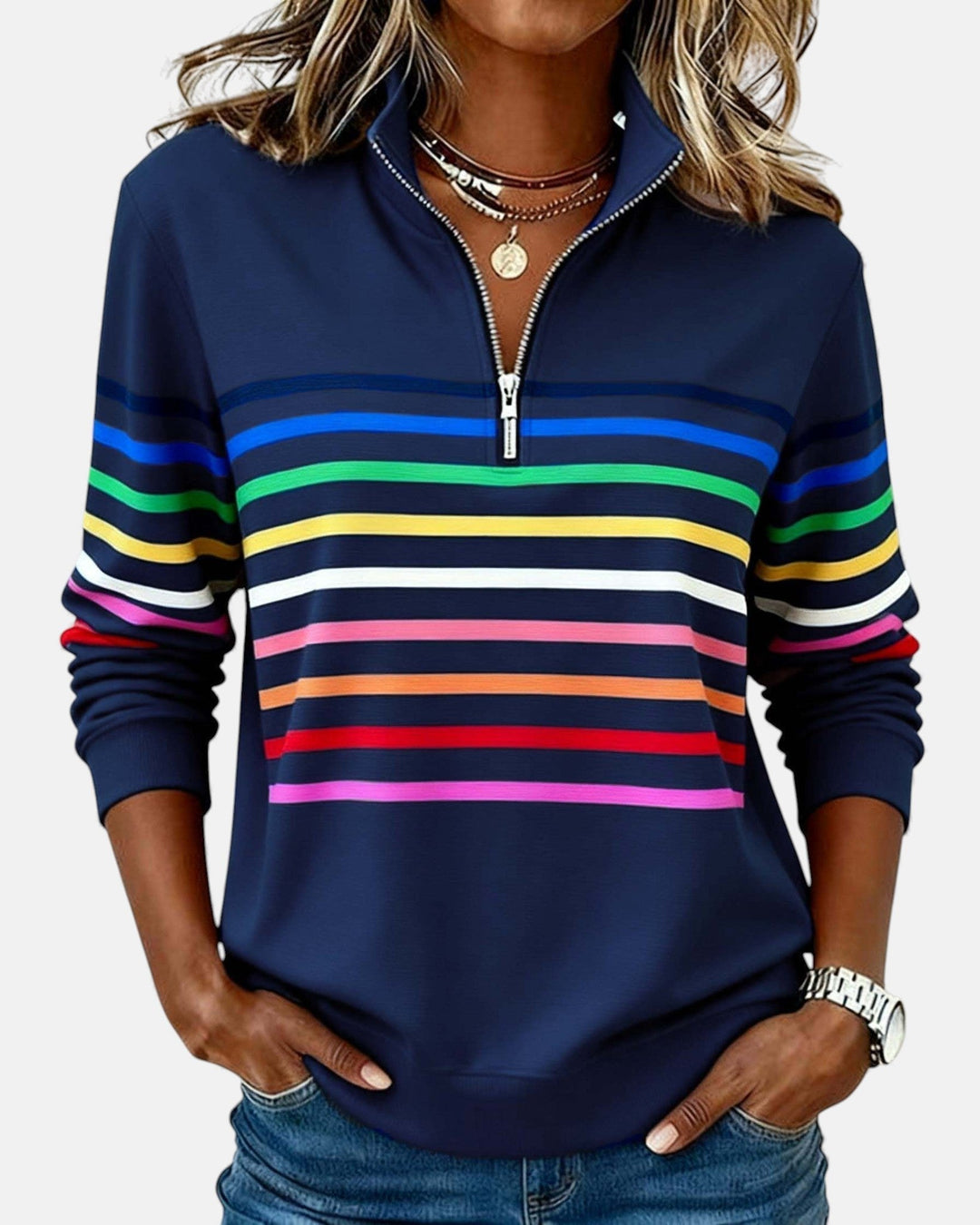 Jeanette | Striped Zip Collar Sweatshirt